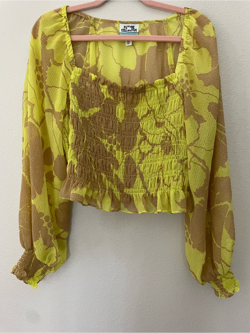 Future Collective Yellow & Tan Floral Smocked Peasant Blouse